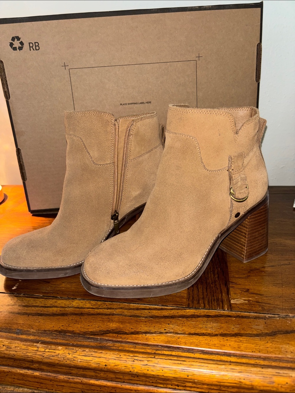 Lucky Brand Tan Suede Ankle Booties with Stacked Heel